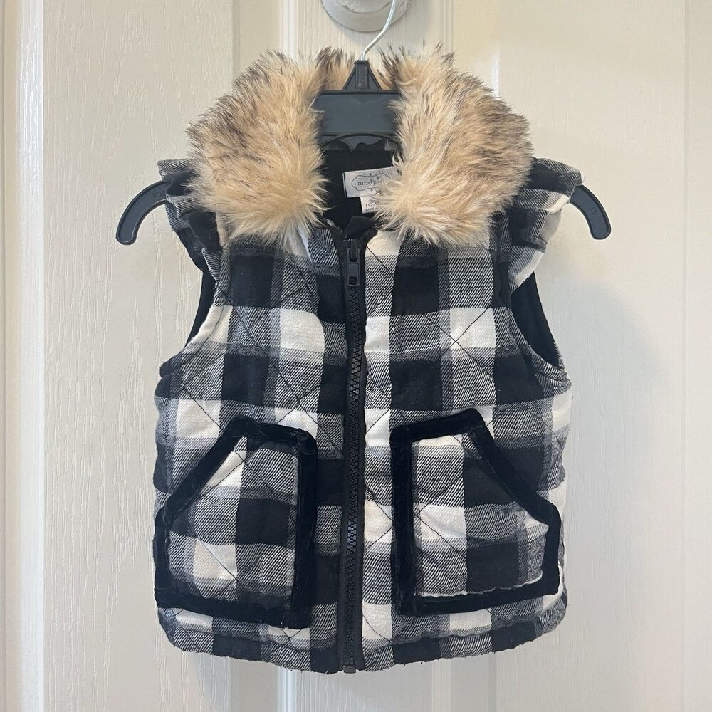 Mud Pie Black White Buffalo Check Ruffle Quilted Vest Faux Fur Girl's SZ 12-18M